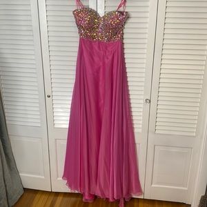 Joli Strapless Pink Gemstone Empire Waist Formal Dress